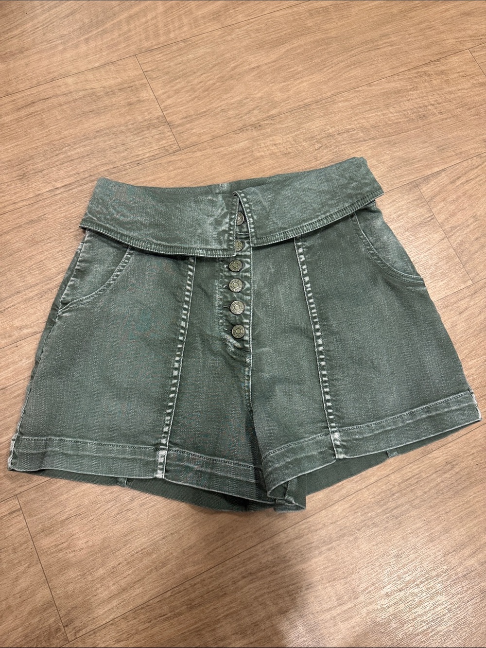Ulla Johnson Olive-Green Folded Waist Denim Shorts